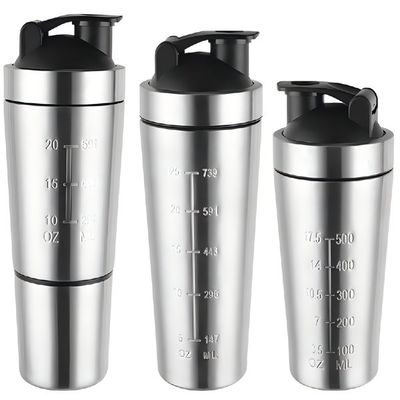 acheter 500/750ml Facile à transporter argent personnalisé échangeur de protéines en acier inoxydable bouteille échangeur de gym en acier inoxydable avec boule de mélange libre de BPA large bouche online manufacture