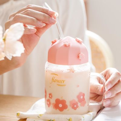 acheter Tasse en verre de cerisier à haut niveau d'apparence avec paille et couvercle en silicone, tasse à boire mignonne pour fille fleur online manufacture