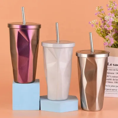 acheter Design à la mode 480ml Mug personnalisé en acier inoxydable avec paille Style champêtre Dégradé Irrégulier Tasse à thé en acier inoxydable pour voyager fabrication en ligne