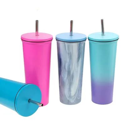 acheter Réutilisable 700ml Bouche large Logo personnalisé Tumblers en acier inoxydable Mug de voyage personnalisé en acier inoxydable avec paille Construction sous vide à double paroi fabrication en ligne