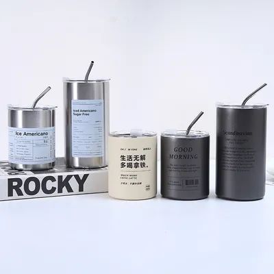 acheter Coupe de café en acier inoxydable isolant avec couvercle et paille de style américain Portable à l'extérieur avec accompagnement de paille Gobelets d'eau scellés double bouteille de voyage fabrication en ligne