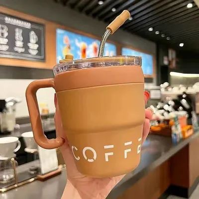 acheter Double paroi en acier inoxydable avec poignée et couvercle à paille 16 oz Vacuum Voyage tasse de café fabrication en ligne