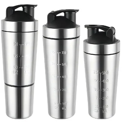 acheter 500/750ml Facile à transporter argent personnalisé échangeur de protéines en acier inoxydable bouteille échangeur de gym en acier inoxydable avec boule de mélange libre de BPA large bouche online manufacture