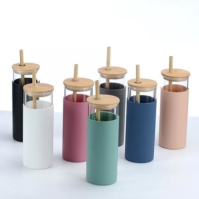 acheter Couleur portable lave-vaisselle tampon en verre sûr avec manche en silicone haut borosilicate verre tampon smoothie avec couvercle en bambou conception réutilisable online manufacture