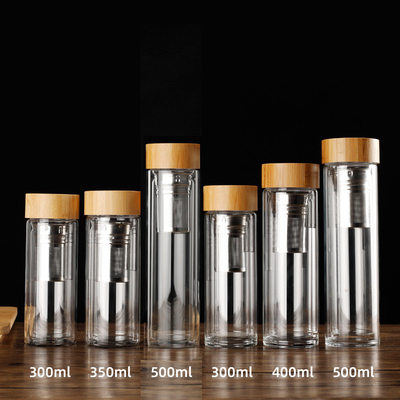 acheter Logo personnalisé étanche aux fuites Bouteille à infuser de thé à double paroi Bouteille d'eau en verre double isolé avec couvercle en bambou 350ml/400ml/450ml réutilisable Eco Friendly online manufacture