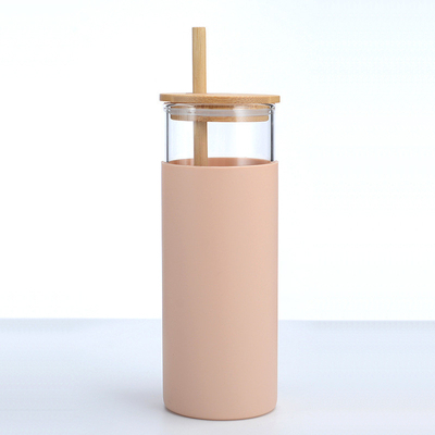 acheter Personnalisation 16 oz Bouteilles de verre de boissons Bouteilles de café en verre avec couvercles en bambou Paille de bambou Silicone Manche anti-fuite Design anti-éclaboussures online manufacture