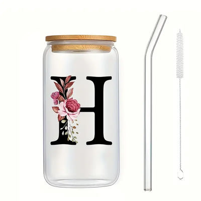 Logo personnalisé exquis 16 oz bouteille d'eau en verre de sublimation lettres florales claires Coca-Cola boîtes de verre avec couvercle de bambou et paille 8 * 15cm