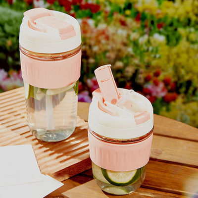 Bouteille en verre de grande capacité pour enfants de 380 ml de grande valeur Bouteille d'eau en verre à large bouche avec couvercle de tasse et paille amovible Pour l'usage du bureau 8*15 cm