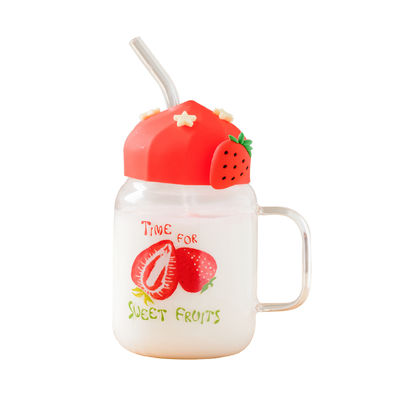 Tasse en verre transparent d'été pour fruits, résistante aux hautes températures, mignonne, de grande capacité, avec couvercle et paille, pour étudiantes, pour le petit-déjeuner au lait