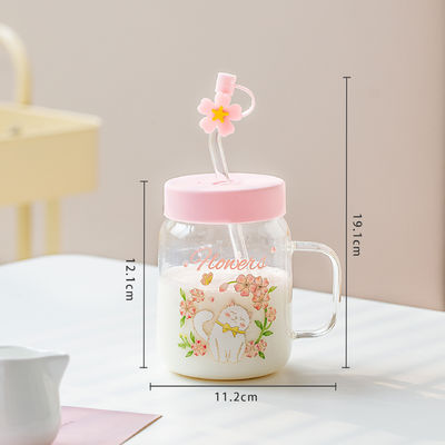 Tasse en verre haute température transparente chat en relief, mignonne, grande capacité, couvercle et paille, pour étudiantes, filles, lait, petit-déjeuner, bureau