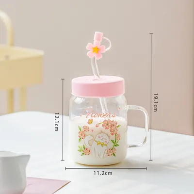 Tasse en verre haute température transparente chat en relief, mignonne, grande capacité, couvercle et paille, pour étudiantes, filles, lait, petit-déjeuner, bureau