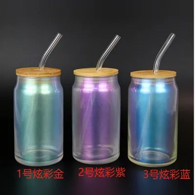 Coupe en verre de couleur avec couvercle et paillettes 18 oz verre borosilicate tasses de café glacé smoothie avec couvercle en bambou verre paille réutilisable ensemble de verre de couleur 4 paquets