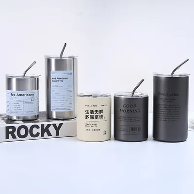 Coupe de café en acier inoxydable isolant avec couvercle et paille de style américain Portable à l'extérieur avec accompagnement de paille Gobelets d'eau scellés double bouteille de voyage